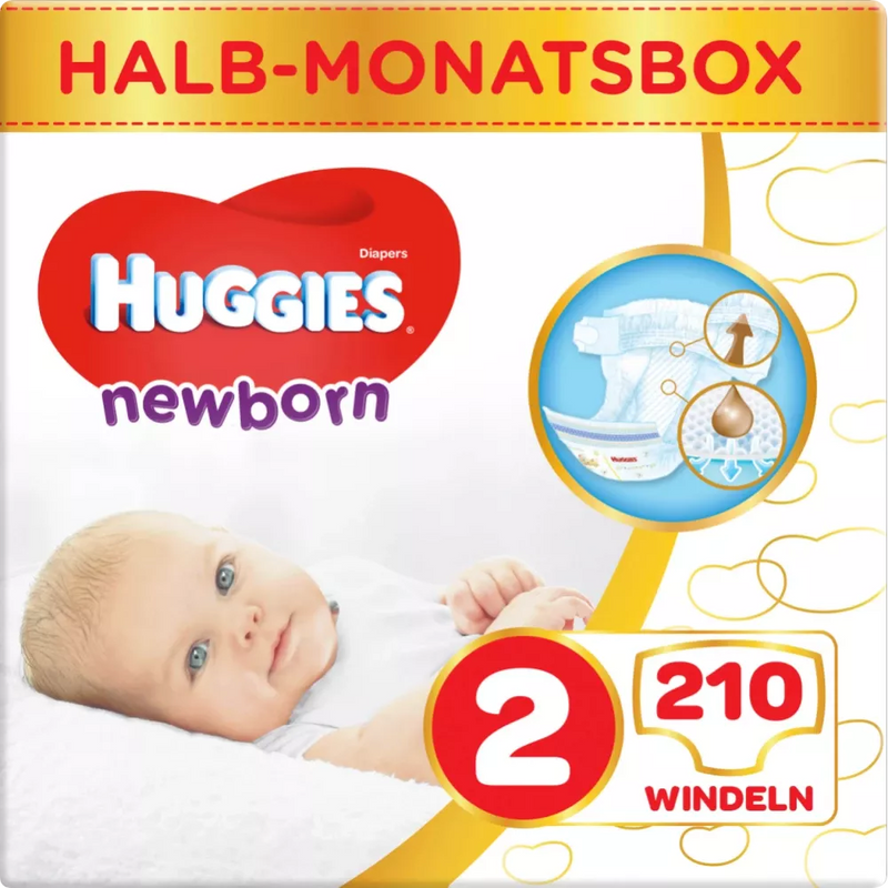 Huggies Luiers Newborn maat 2, 3-6kg, halfmaand doos, 210 stuks