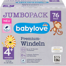 Couches babylove Premium taille 4+, Maxiplus, 9-15 kg, Jumbo Pack, 76 pièces