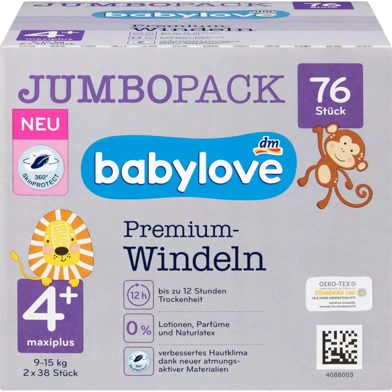 babylove Premium luiers maat 4+, Maxiplus, 9-15 kg, Jumbo Pack, 76 stuks