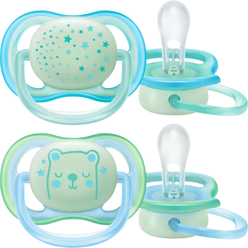 Philips AVENT Soother ultra air night silicone, blauw/groen, 0-6 maanden, 2 stuks.