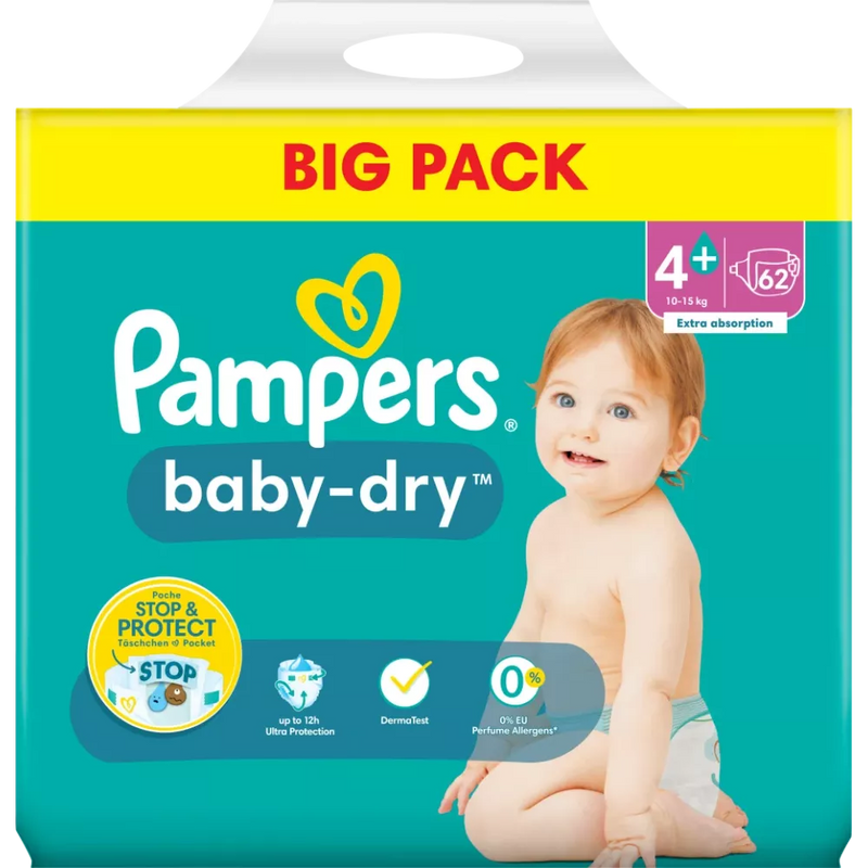 Pampers Luiers Baby Dry Gr.4+ Maxi Plus (10-15 kg), grootverpakking, 62 stuks.