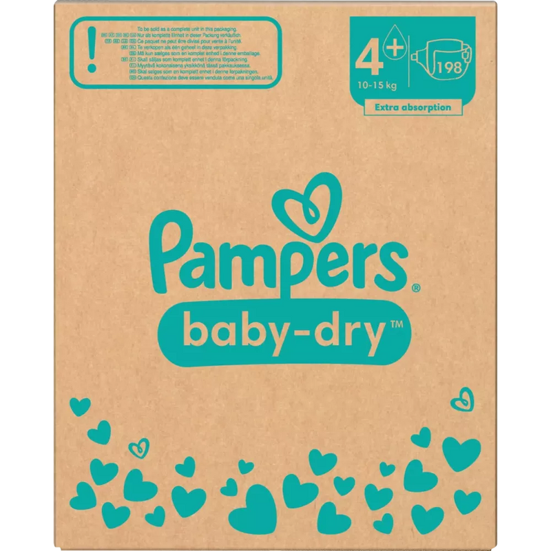 Pampers Luiers Baby Dry Gr.4+ Maxi Plus (10-15 kg), maandelijkse doos, 198 stuks.