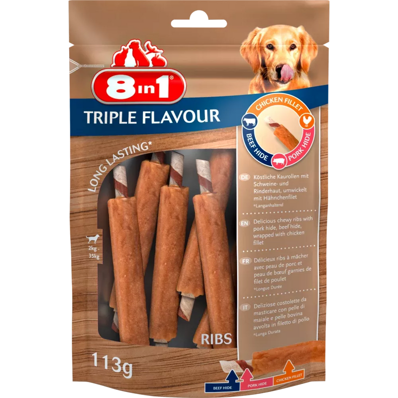 8in1 Snack voor honden, Triple Flavour Ribs, 113 g