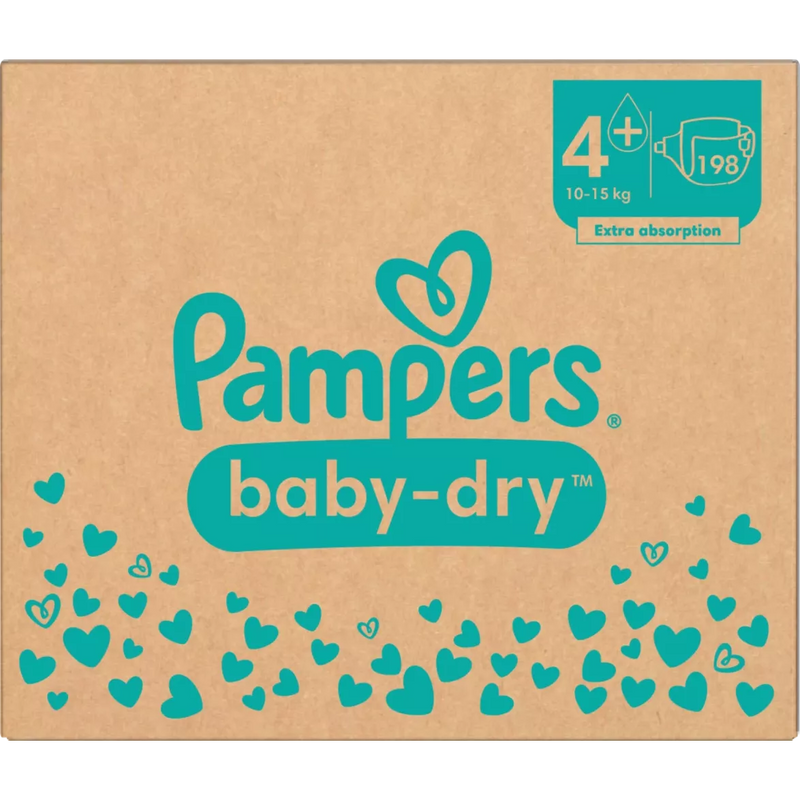 Pampers Luiers Baby Dry Gr.4+ Maxi Plus (10-15 kg), maandelijkse doos, 198 stuks.