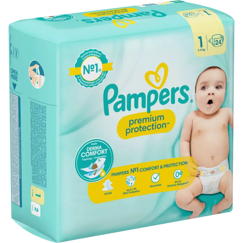 Pampers Luiers Premium Protection maat 1 Newborn (2-5 kg), 24 stuks.