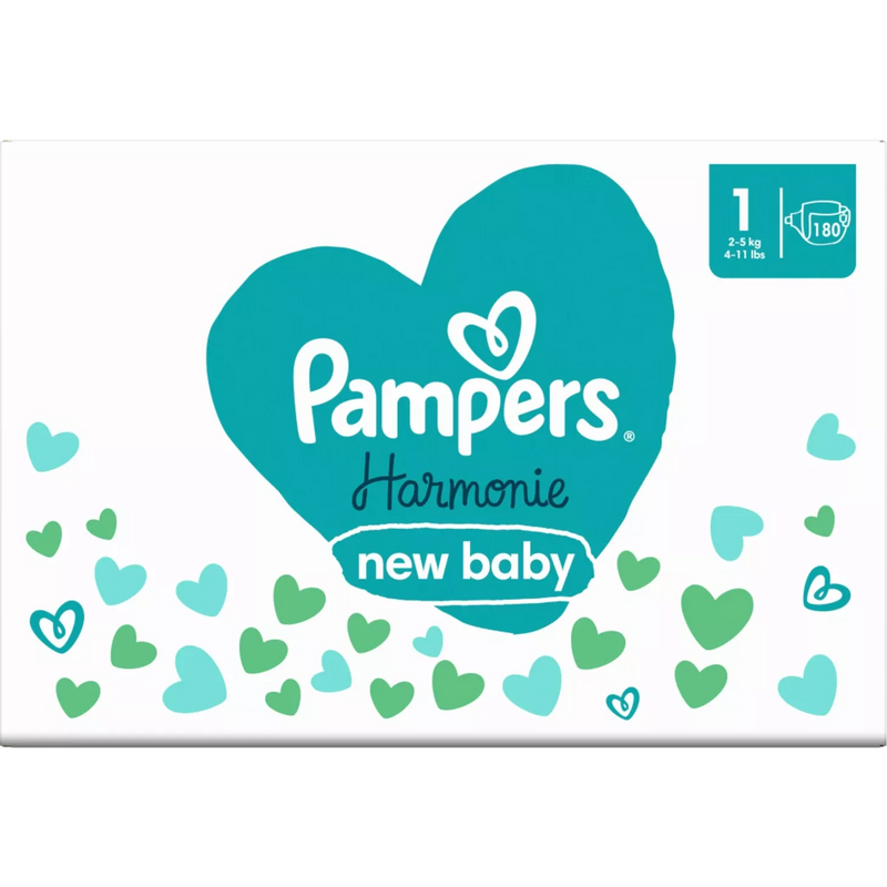 Pampers Luiers Harmonie maat 1 Newborn (2-5 kg), maandelijkse doos, 180 stuks.