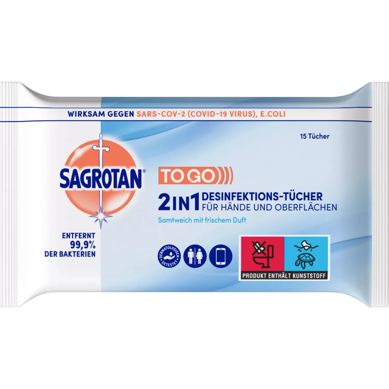 Sagrotan Desinfectiedoekjes 2in1 voor onderweg, 15 stuks.