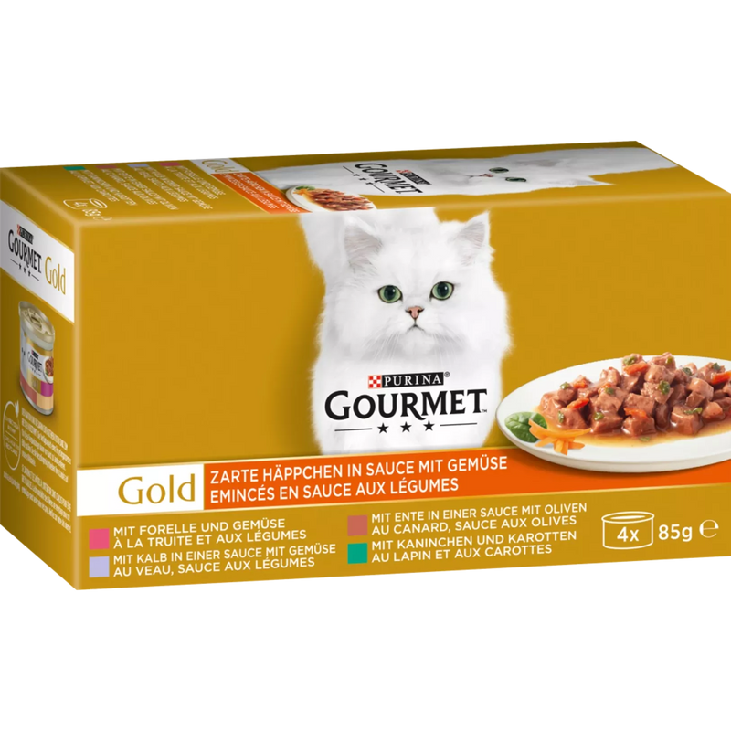 Purina Gourmet Nat kattenvoer met forel, kalfsvlees, eend & konijn, Gold - malse hapjes met groenten, multipack (4x85 g), 340 g