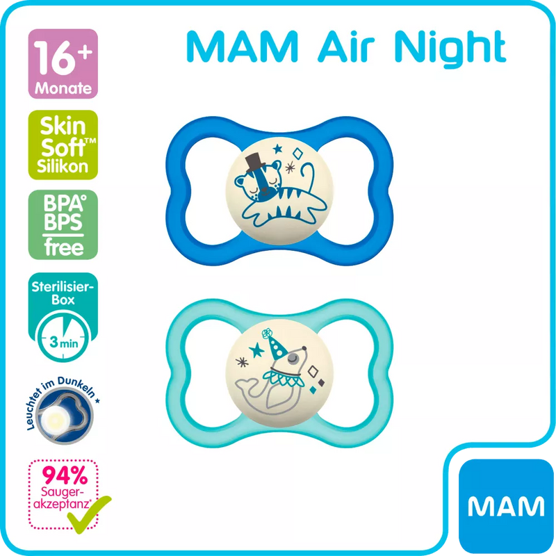 MAM Fopspeen Air Night silicone blauw/groen, vanaf 16 maanden, 2 stuks.