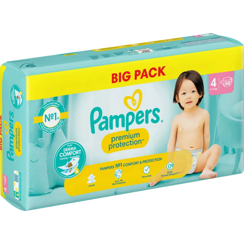 Couches Pampers Premium Protection taille 4 Maxi (9-14 kg), vrac, 58 pièces.