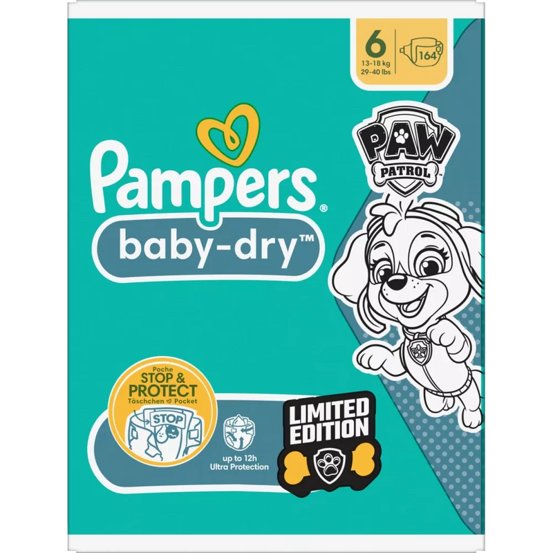 Pampers Luiers Baby Dry maat 6 (13-18 kg) Limited Edition Paw Patrol, maandelijkse doos, 164 stuks.