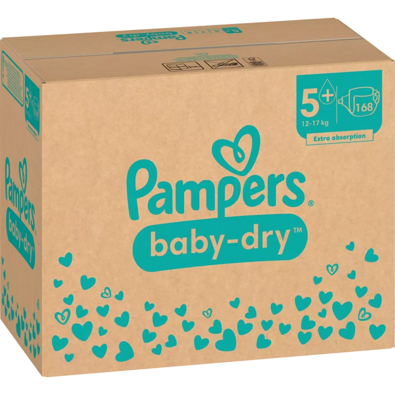 Pampers Luiers Baby Dry Gr.5+ Junior Plus (12-17 kg), maandelijkse doos, 168 stuks.
