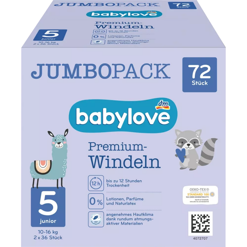 babylove Premium luiers maat 5, junior, 10-16 kg, jumbo pack, 72 stuks