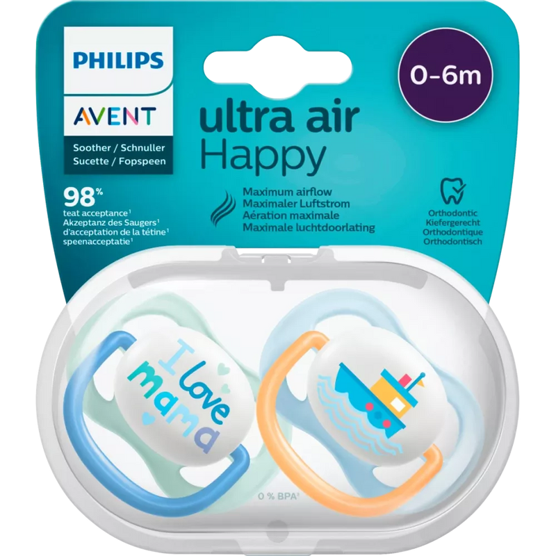 Philips AVENT Fopspeen ultra air silicone, blauw/geel, 0-6 maanden, 2 stuks