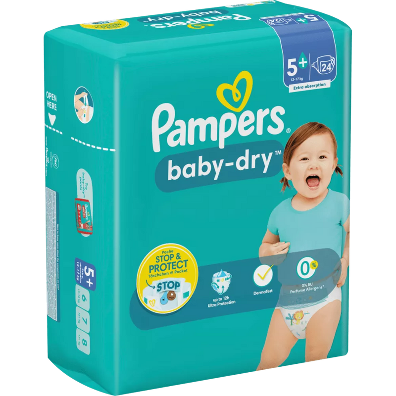 Pampers Luiers Baby Dry maat 5+ Junior Plus (12-17 kg), 24 stuks.