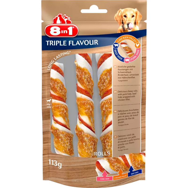 8in1 Snack voor honden, Triple Flavour Rolls, 3 stuks