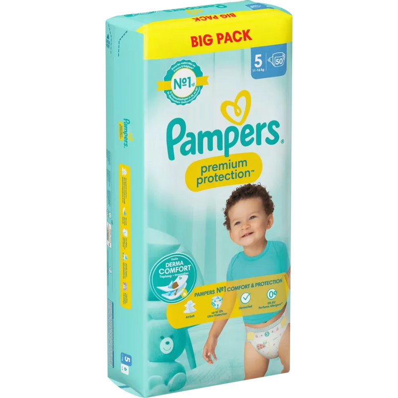 Pampers Luiers Premium Protection maat 5 Junior (11-16 kg), Grootverpakking, 50 stuks.