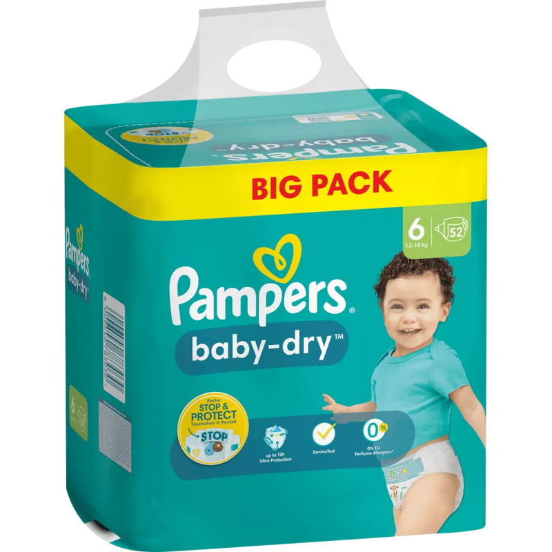 Couches Pampers Baby Dry Gr.6 Extra Large (13-18 kg), paquet en vrac, 52 pièces.
