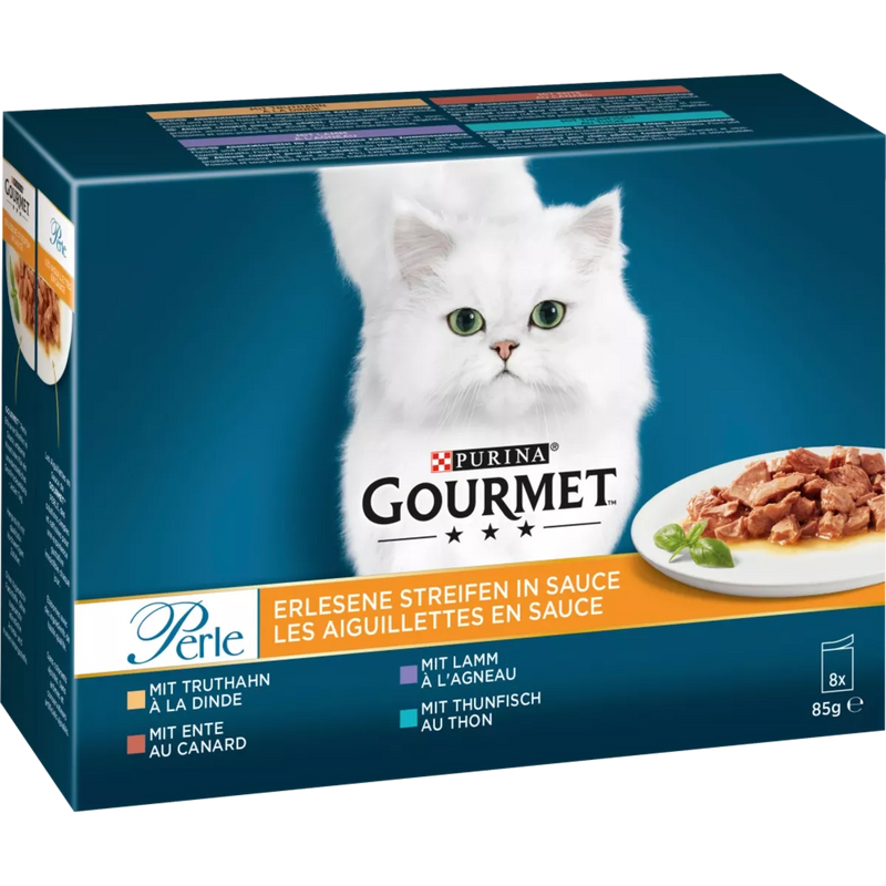 Purina Gourmet Natvoer kat, kalkoen, eend, lam, tonijn, parel - overheerlijke reepjes in saus, multipack (8x85 g), 680 g