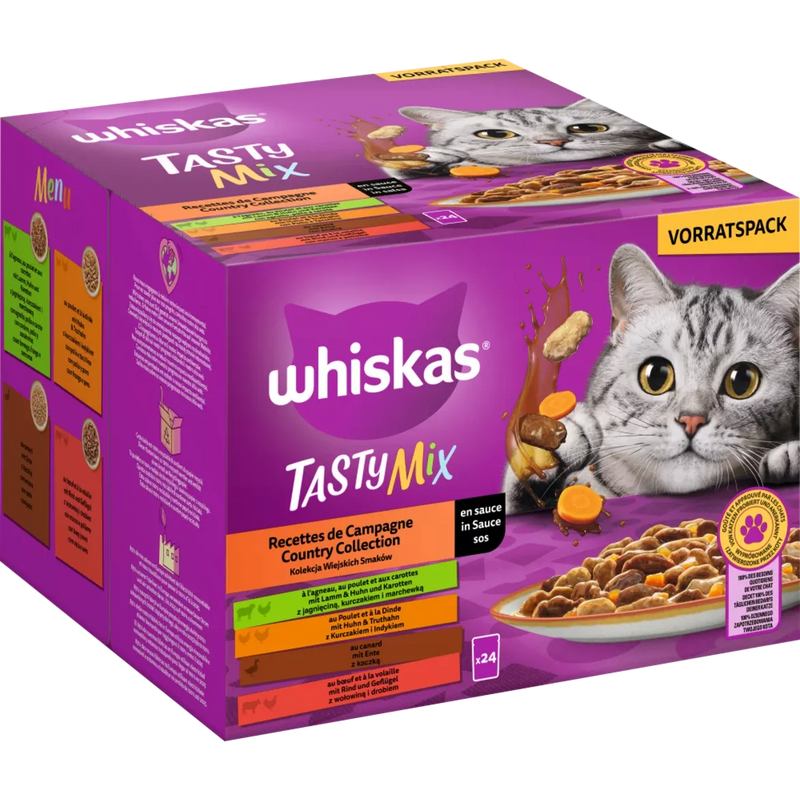 Whiskas Nat kattenvoer Country Collection in saus, Smakelijke Mix Multipack (24x85 g), 2.04 kg