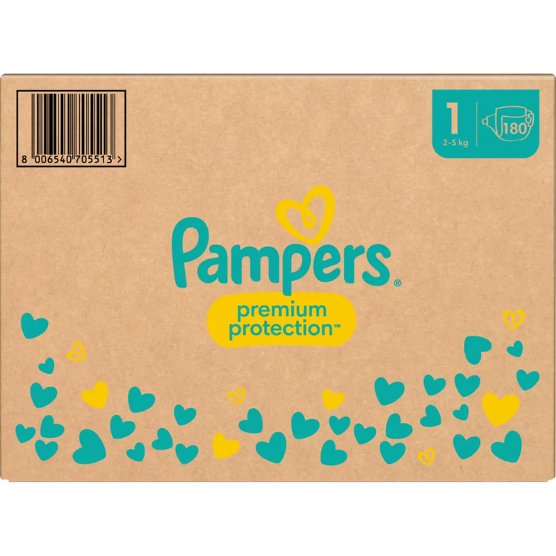 Pampers Luiers Premium Protection Gr.1 Newborn (2-5kg), halve maand doos, 180 stuks.