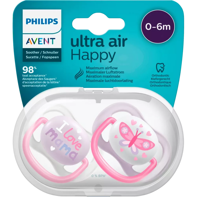 Philips AVENT Fopspeen ultra air silicone, roze/paars, 0-6 maanden, 2 stuks