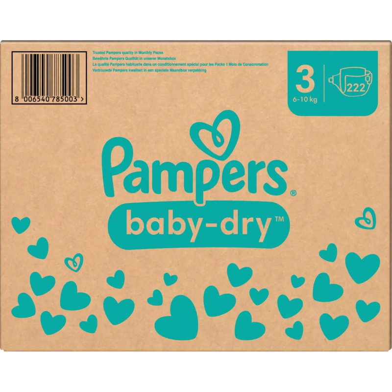 Pampers Luiers Baby Dry maat 3 Midi (6-10 kg), maandelijkse doos, 222 stuks.