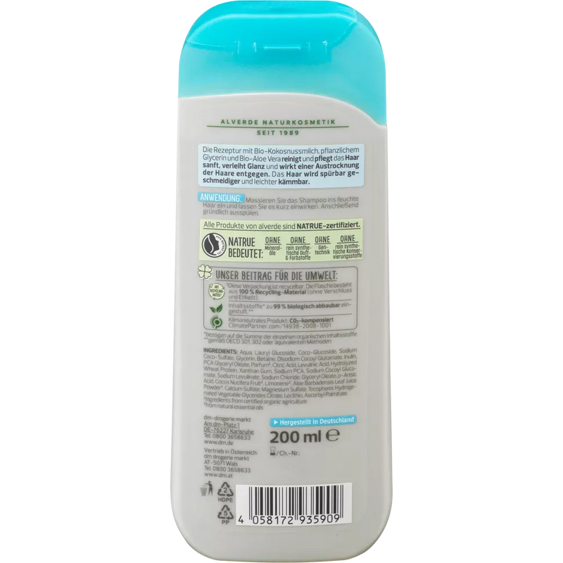 alverde NATURKOSMETIK Shampoo Moisture Biologische Kokosmelk, 200 ml