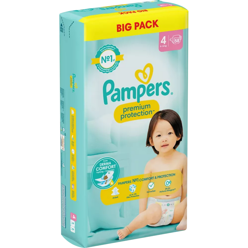 Couches Pampers Premium Protection taille 4 Maxi (9-14 kg), vrac, 58 pièces.
