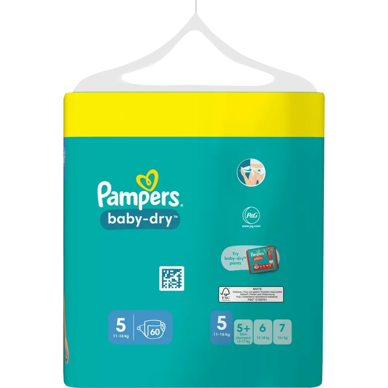 Pampers Luiers Baby Dry maat 5 Junior (11-16 kg), grootverpakking, 60 stuks.