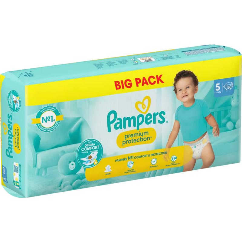 Pampers Luiers Premium Protection maat 5 Junior (11-16 kg), Grootverpakking, 50 stuks.