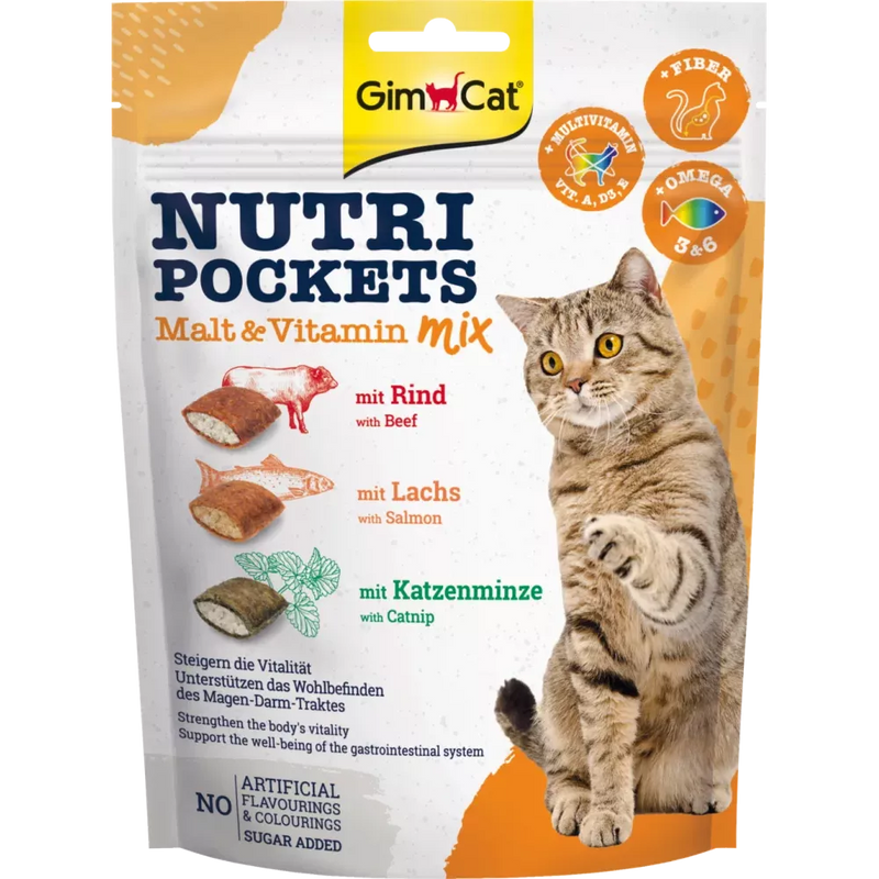 GIMCAT Snack voor katten, Nutri Pockets Malt Vitamin Mix met Rundvlees, Zalm & Catnip, 150 g