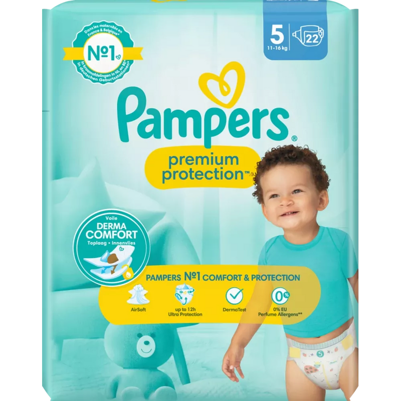 Pampers Luiers Premium Protection maat 5 Junior (11-16 kg), 22 stuks.