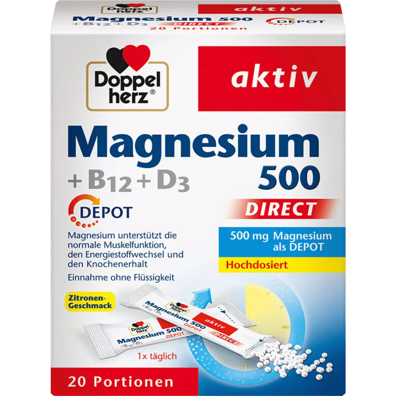 Doppelherz Magnesium 500 +B12 +D3 directe korrels 20 stuks, 32 g
