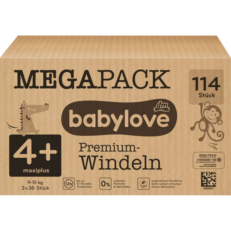 babylove Premium luiers maat 4+, Maxiplus, 9-15 kg, Megapack, 114 st.