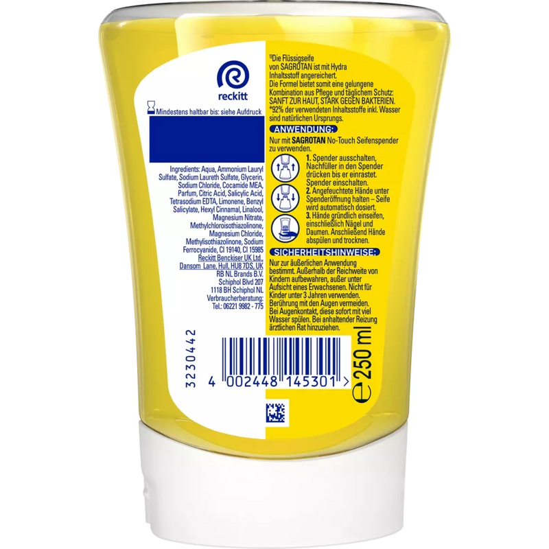 Distributeur de savon Sagrotan No Touch Citrus, recharge de savon de cuisine, 250 ml