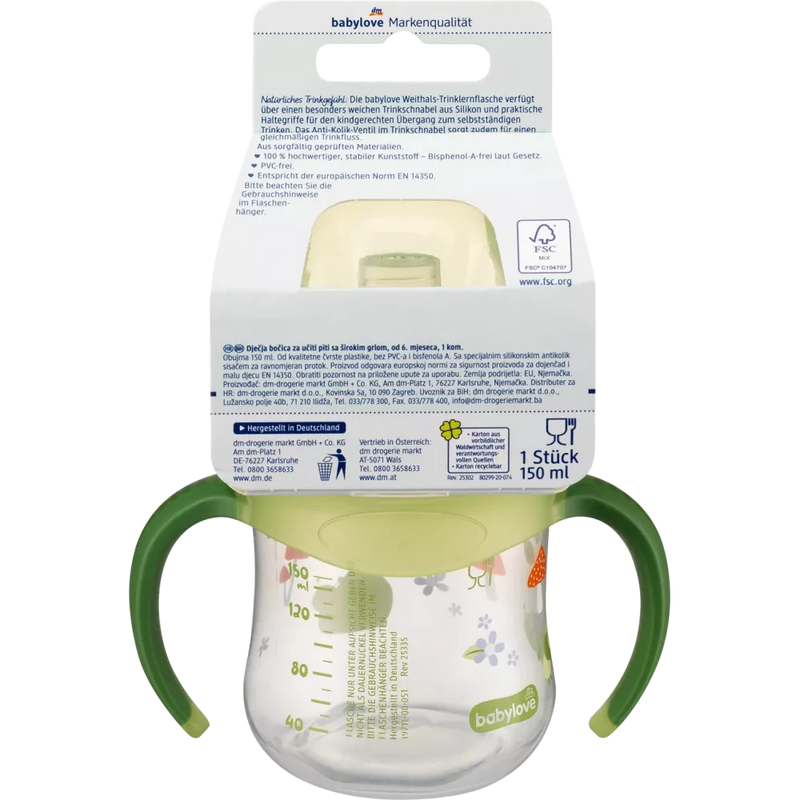 babylove Plastic babyfles brede hals, 150 ml, bos/groen, 1 st