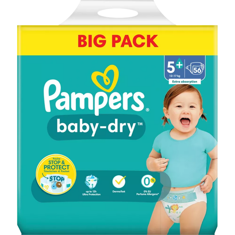 Pampers Luiers Baby Dry Gr.5+ Junior Plus (12-17 kg), grootverpakking, 56 stuks.