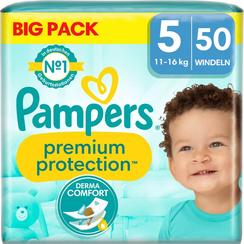 Pampers Luiers Premium Protection maat 5 Junior (11-16 kg), Grootverpakking, 50 stuks.
