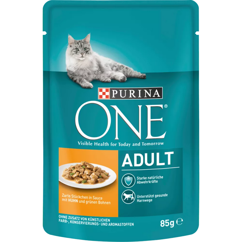 PURINA ONE Natvoer voor katten met kip en groene bonen in saus, Adult, 85 g