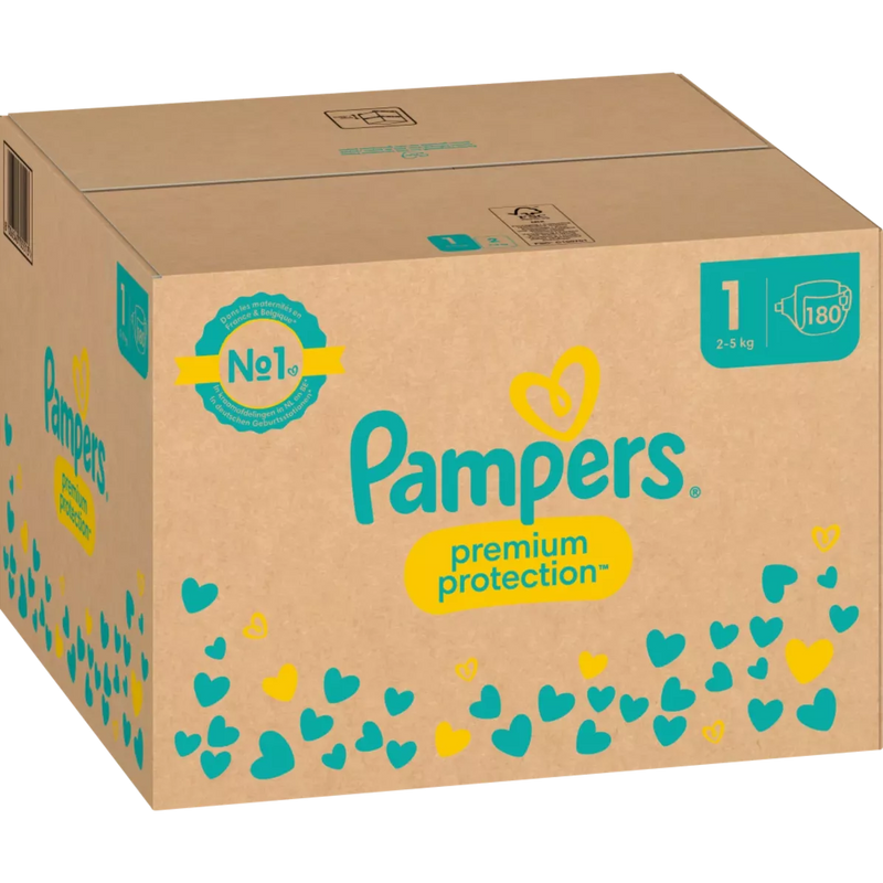 Pampers Luiers Premium Protection Gr.1 Newborn (2-5kg), halve maand doos, 180 stuks.