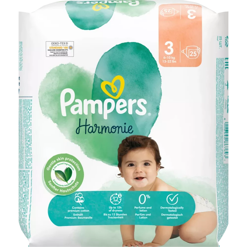 Couches Pampers Harmonie taille 3 Midi (6-10 kg), 25 pièces.
