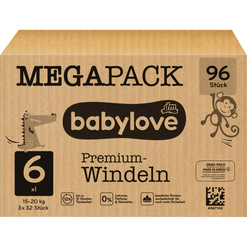babylove Premium luiers maat 6, XXL, 15-20 kg, mega verpakking, 96 stuks.