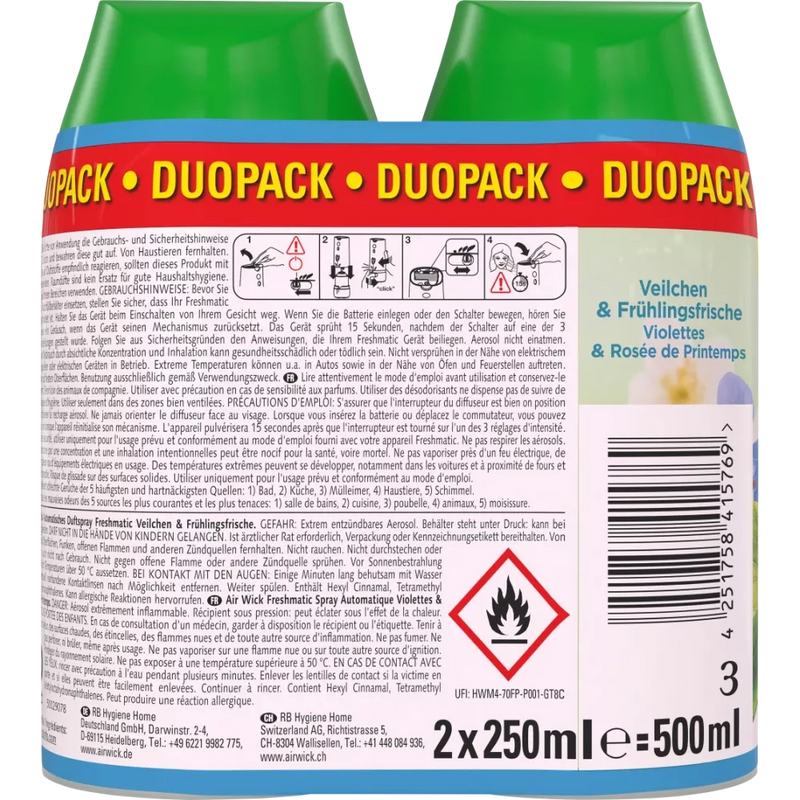 AirWick Luchtverfrisser Freshmatic Viooltjes & Lentefrisheid Navulverpakking (2x250 ml), 500 ml