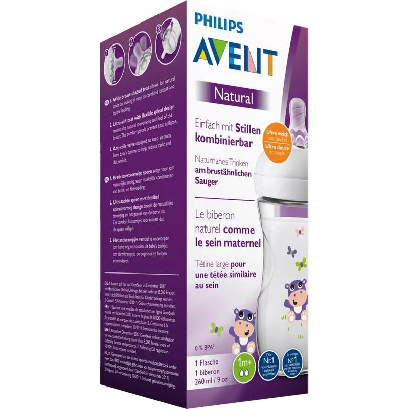 Philips AVENT Babyfles Natural 2.0 paars met siliconenspeen, 0-6 maanden, 260ml, 1 stuk