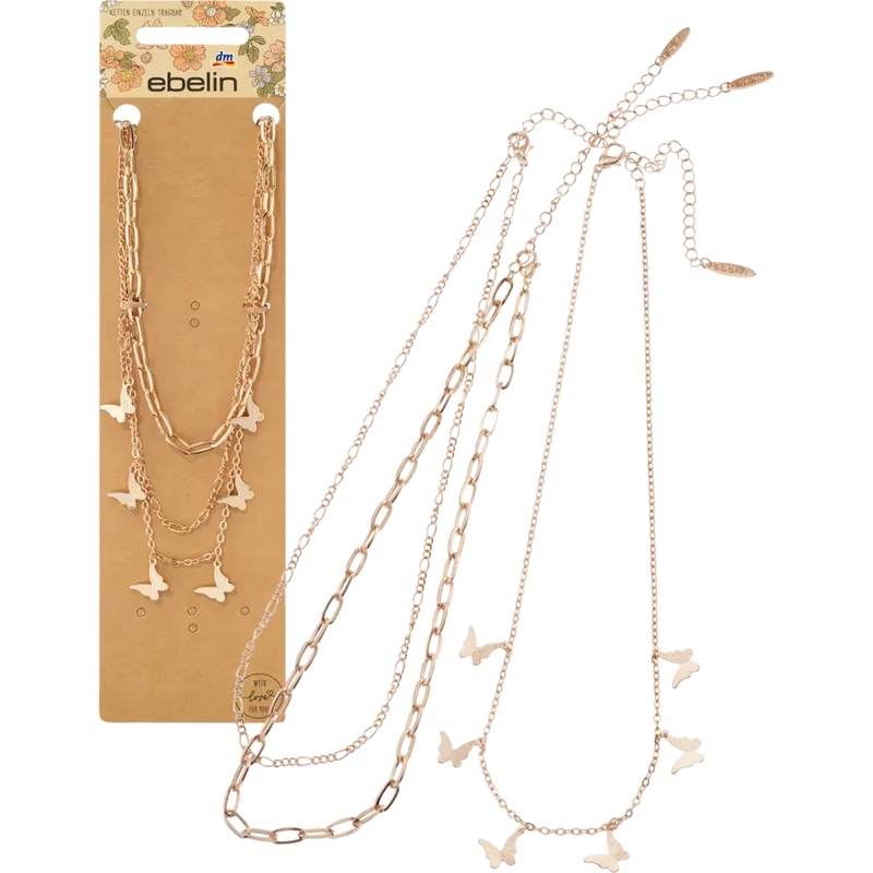 Collier ebelin aspect doré avec pendentifs papillon, 3 pièces.