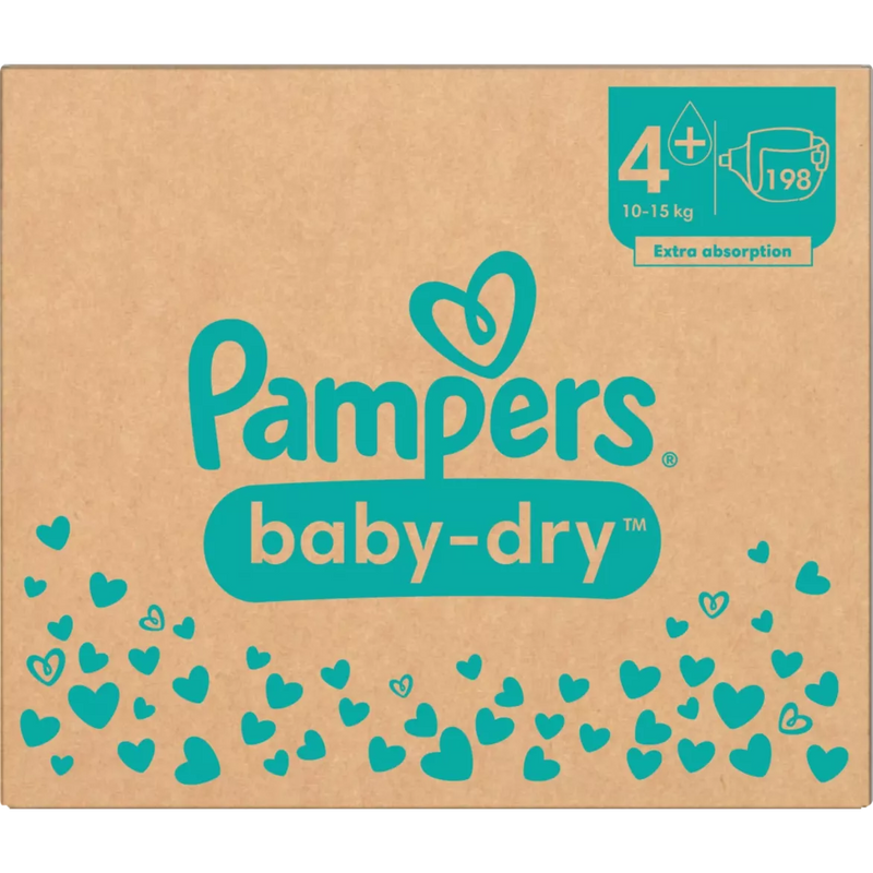 Pampers Luiers Baby Dry Gr.4+ Maxi Plus (10-15 kg), maandelijkse doos, 198 stuks.