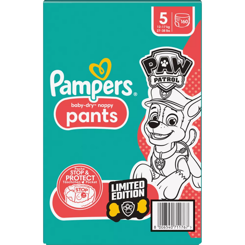 Pampers Baby Pants Baby Dry Gr.5 Junior (12-17 kg) Limited Edition Paw Patrol, maandelijkse doos, 160 stuks.