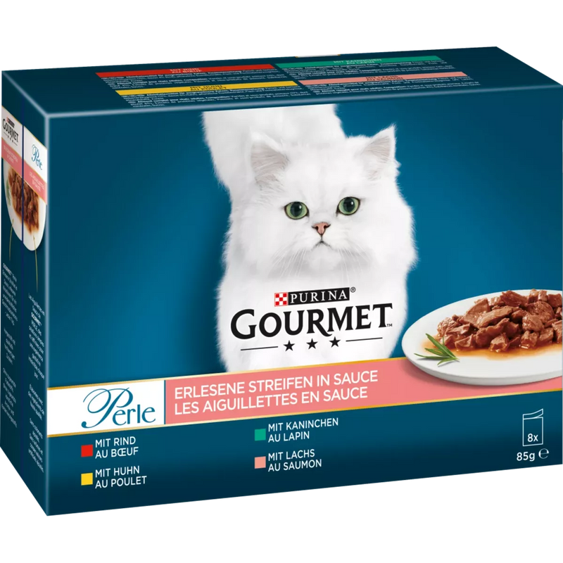 Purina Gourmet Nat kattenvoer met rund, kip, konijn & zalm, parel - exquise reepjes, multipack (8x85 g), 680 g