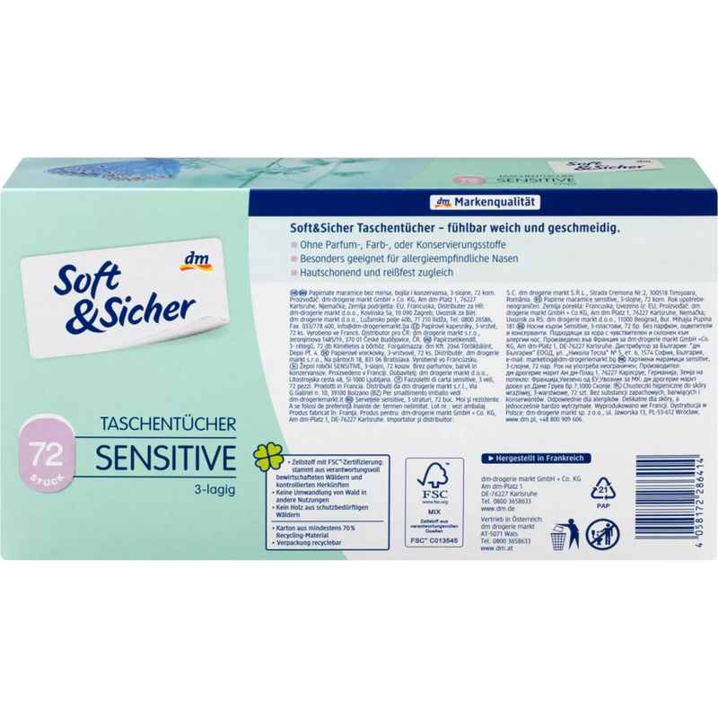 Soft&Sicher Zakdoeken doos sensitive 3ply, 72 stuks.